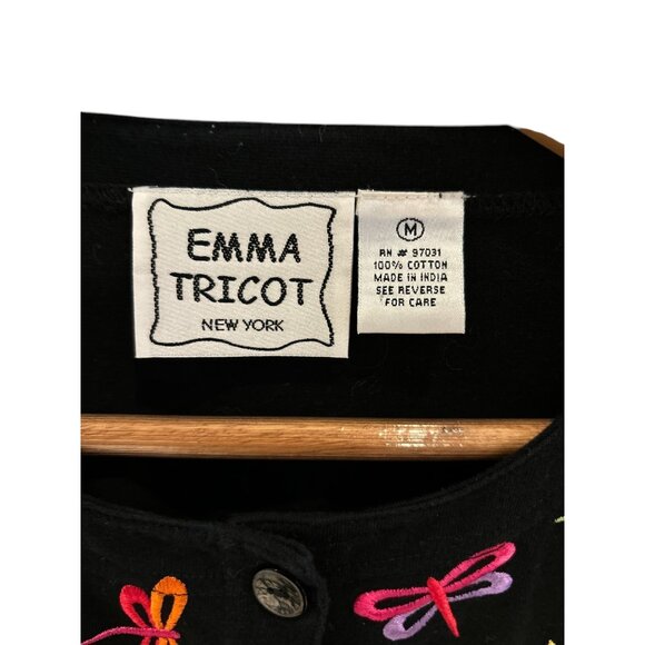 Emma Tricot Womens Black Cardigan Frog & Dragonfly Embroidery Size M 100% Cotton - Picture 2 of 5
